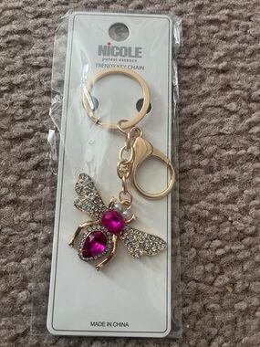Nicole Gold Bee Keychain with Magenta Gems